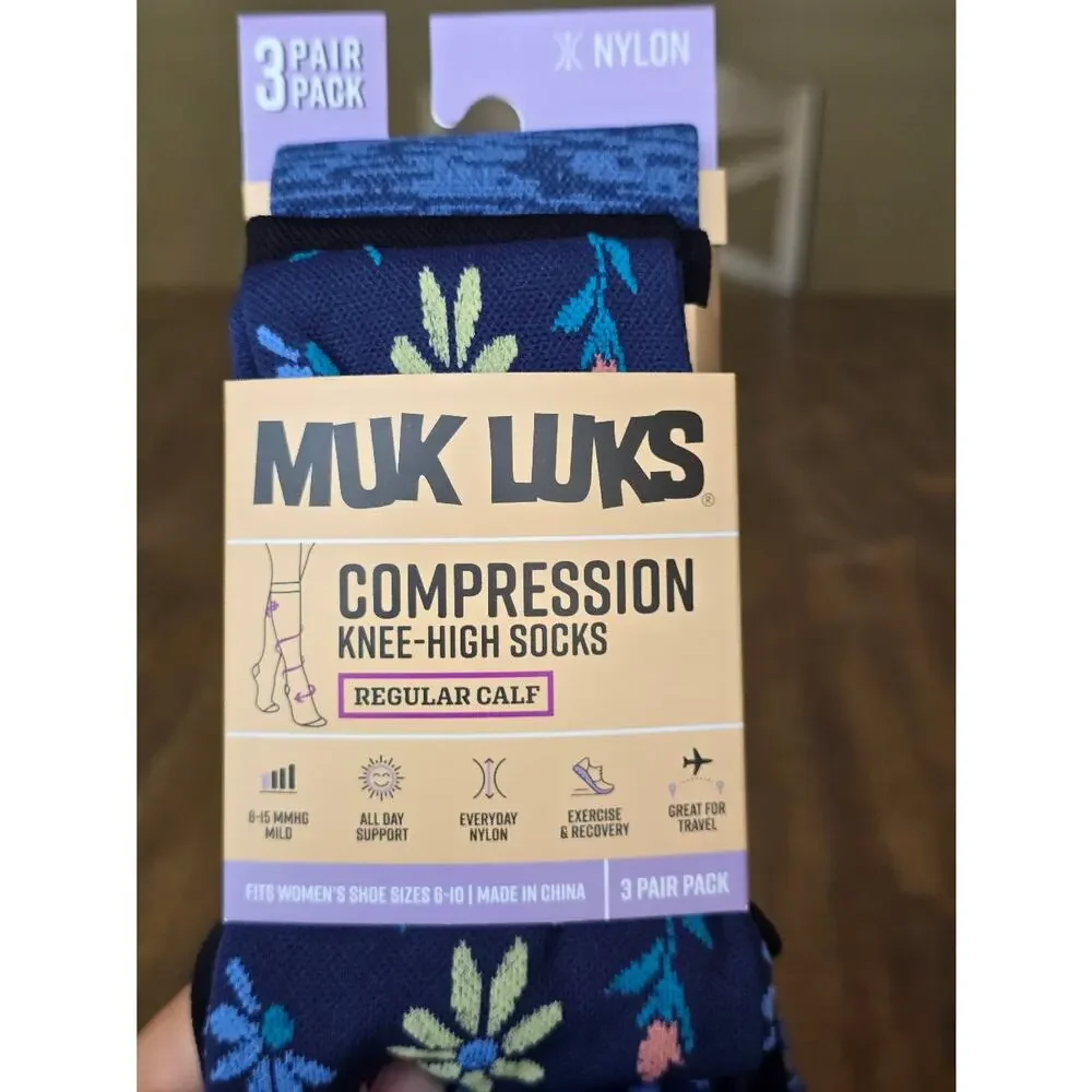 MUK LUKS Women's Regular Width Compression Nylon Knee-High Socks, 3-Pk Size 6-10